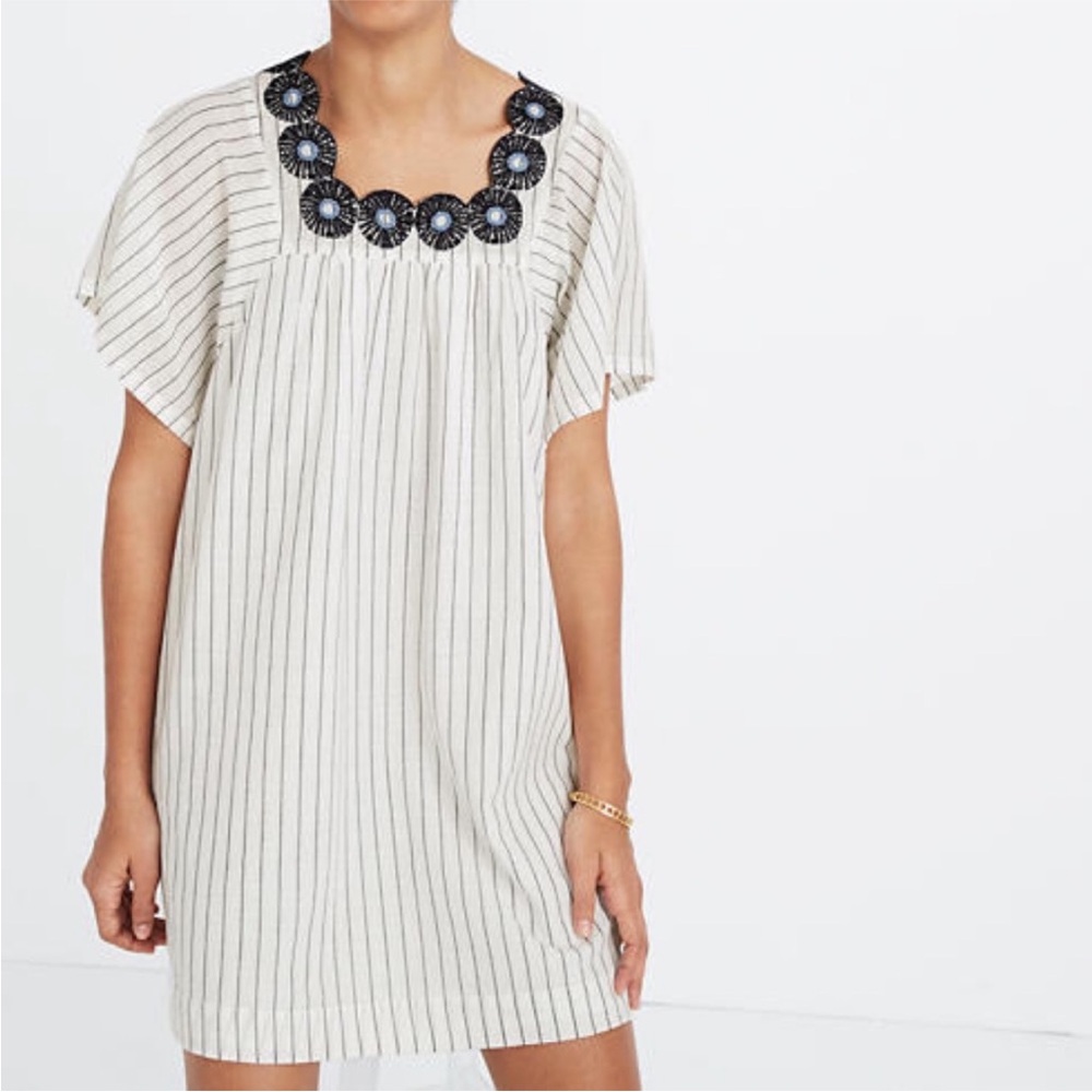 Madewell Linen Embroidered Butterfly Dress SZ XS White Navy Pinstripe - Picture 3 of 15